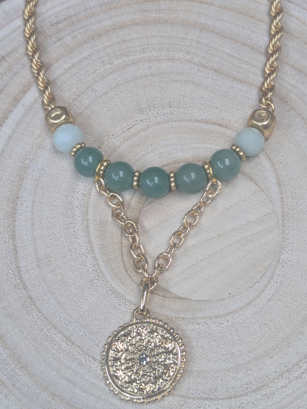 Green Aventurine Amazonite Medallion Necklace Adjustable Gemstone Necklace Gold - Picture 4 of 5